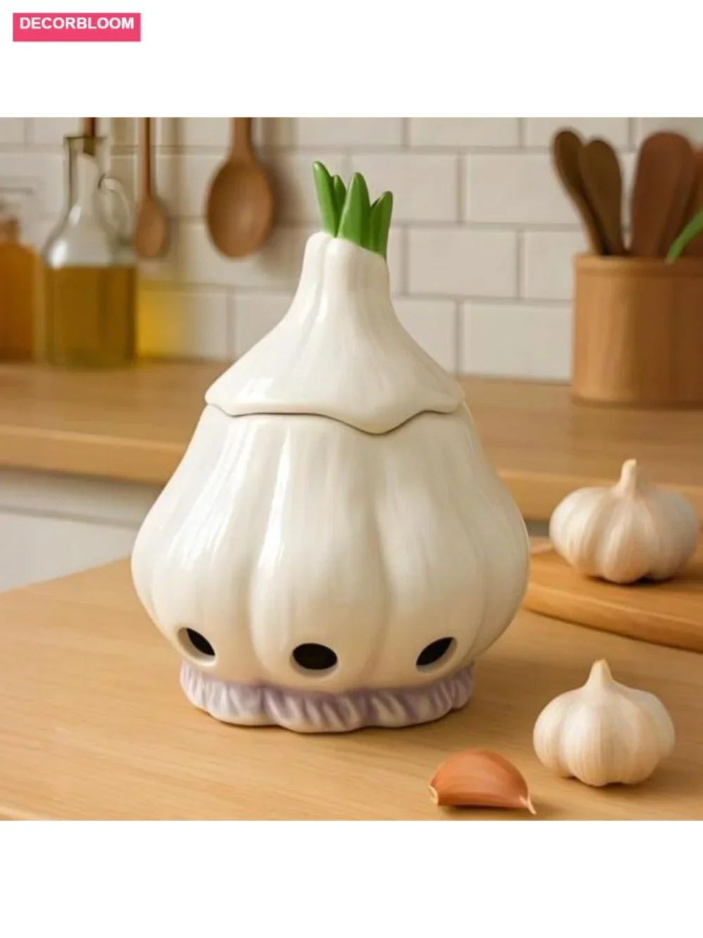 Large Ceramic Garlic Keeper with Lid - Breathable Storage Container for Kitchen